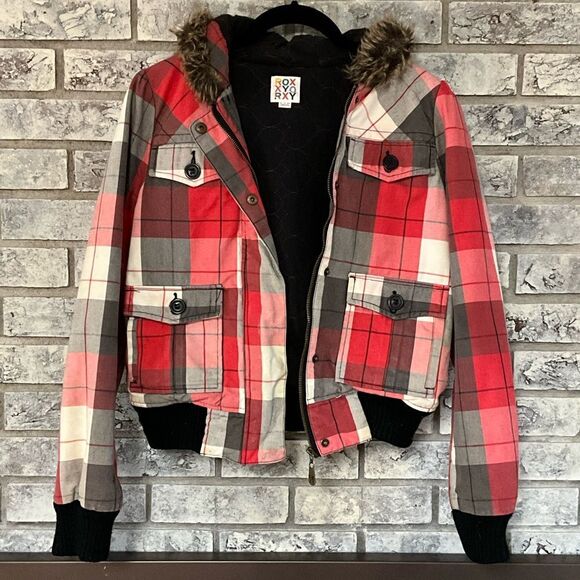 Roxy Red & Gray Plaid Bomber Jacket with Faux Fur Hood – Size S - Picture 1 of 10